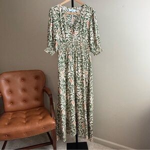 Roma Label Green White Orange V-Neck Bishop Sleeve Dress